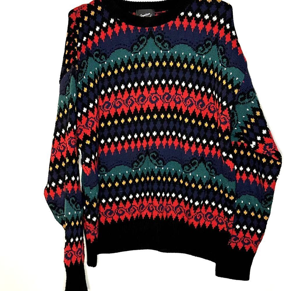 Vintage American Original Grandpacore Red Black Colorful Cotton Sweater sz Large